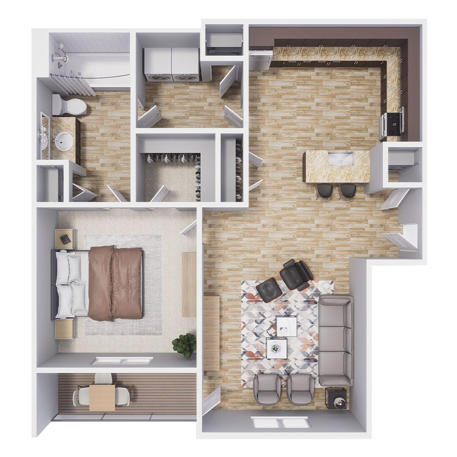 Rendering of the A1 floor plan with 1 bedroom[s] and 1 bathroom[s] at Polaris Peak