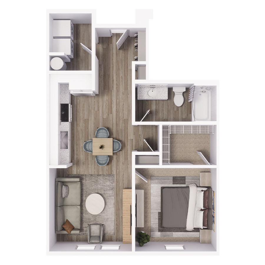 Rendering of the A1 floor plan with 1 bedroom[s] and 1 bathroom[s] at Avery Orlando