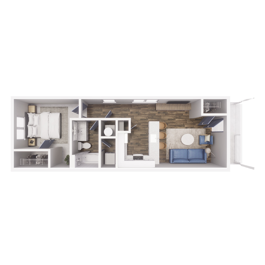 Rendering of the A1 floor plan with 1 bedroom[s] and 1 bathroom[s] at Cottages at Torin Point