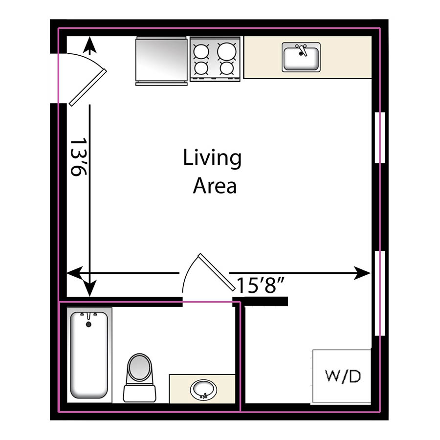 Rendering of the Studio, 1 Bathroom S4 floor plan with a Studio bedroom and 1 bathroom[s] at The Economist