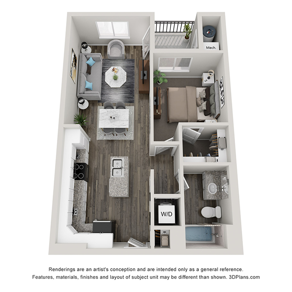 Rendering of the A1 floor plan with 1 bedroom[s] and 1 bathroom[s] at The Flats at Aero Park