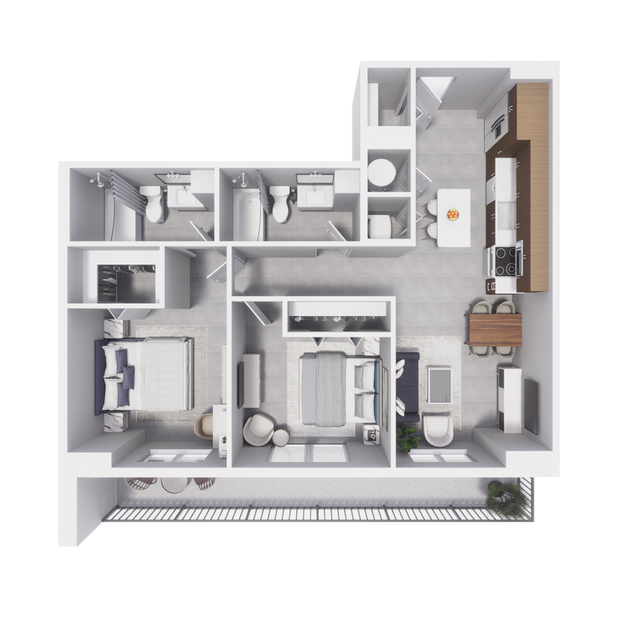 Rendering of the B5 floor plan with 2 bedroom[s] and 2 bathroom[s] at Arte Grand Central Overtown