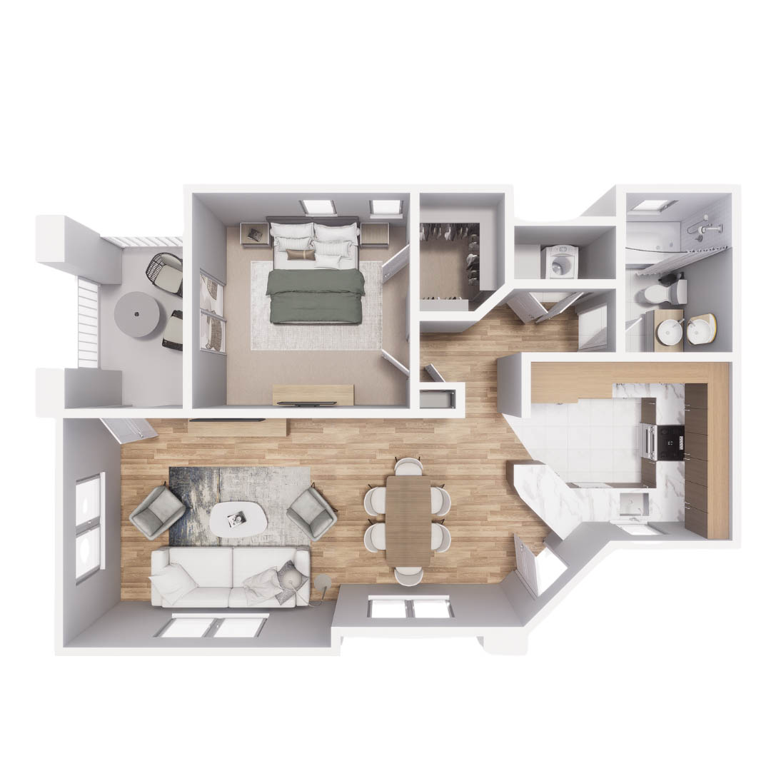 Rendering of the A2 floor plan with 1 bedroom[s] and 1 bathroom[s] at Mandarina