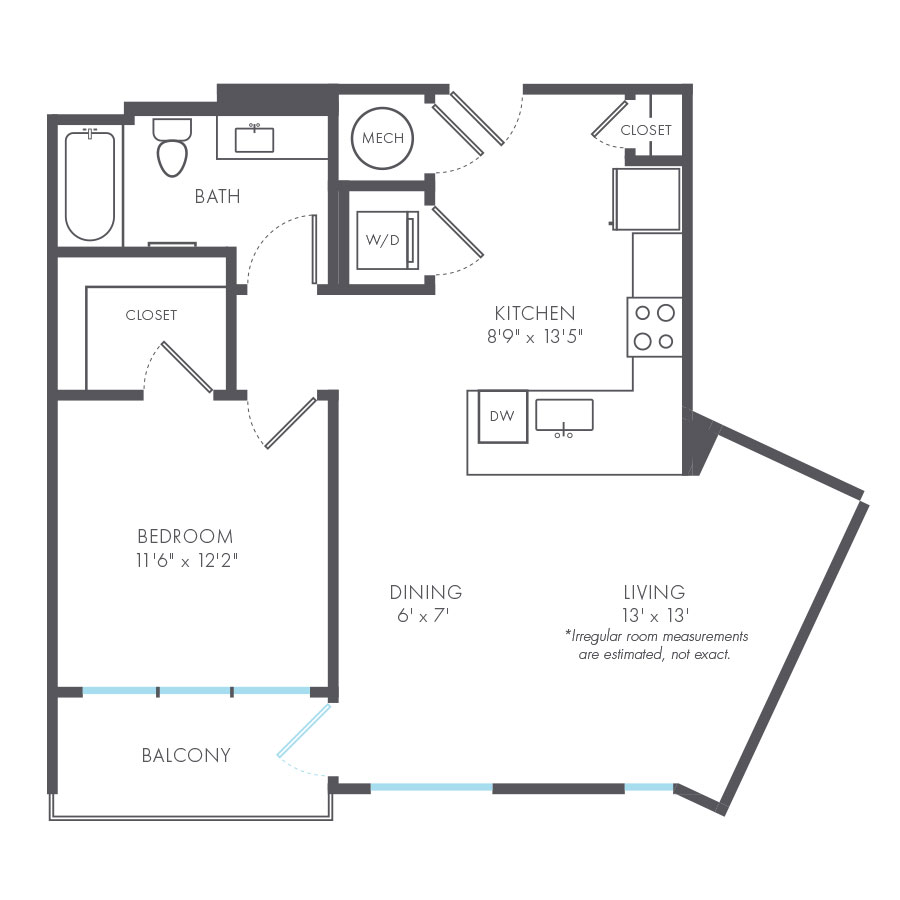 Rendering of the Designer floor plan with 1 bedroom[s] and 1 bathroom[s] at Arte Kansas City
