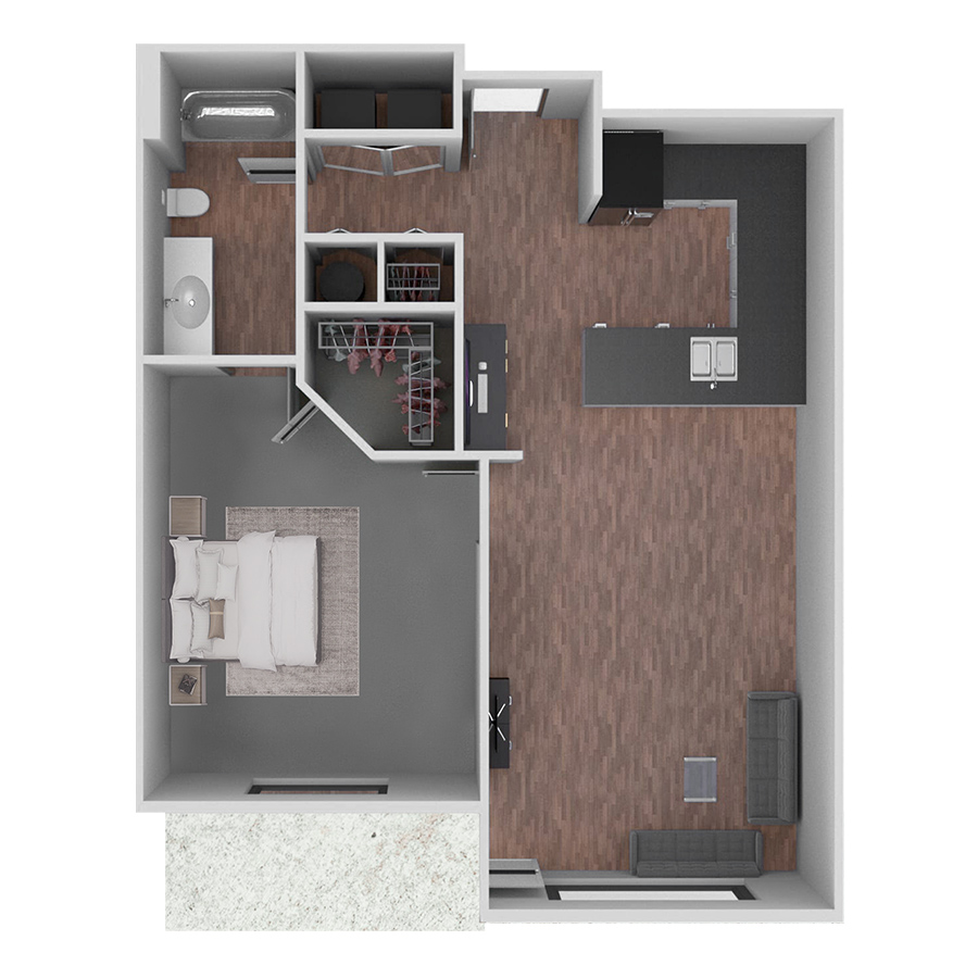 Rendering of the A3 floor plan with 1 bedroom[s] and 1 bathroom[s] at Prairie View at Village West