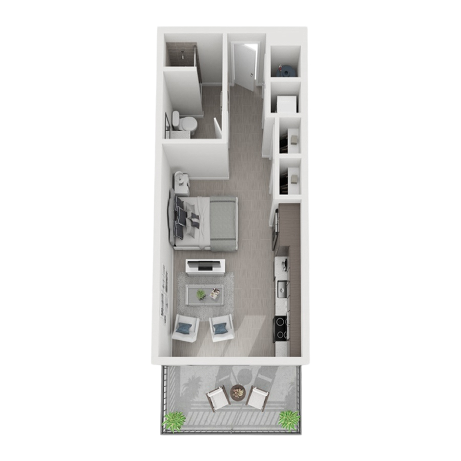 Rendering of the S6 floor plan with a Studio bedroom and 1 bathroom[s] at Arte Grand Central Overtown