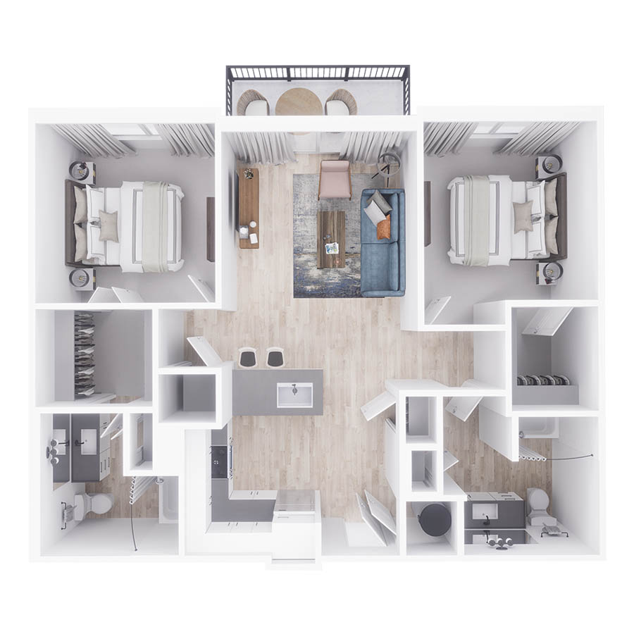 Rendering of the B1 floor plan with 2 bedroom[s] and 2 bathroom[s] at Arte St. Petersburg