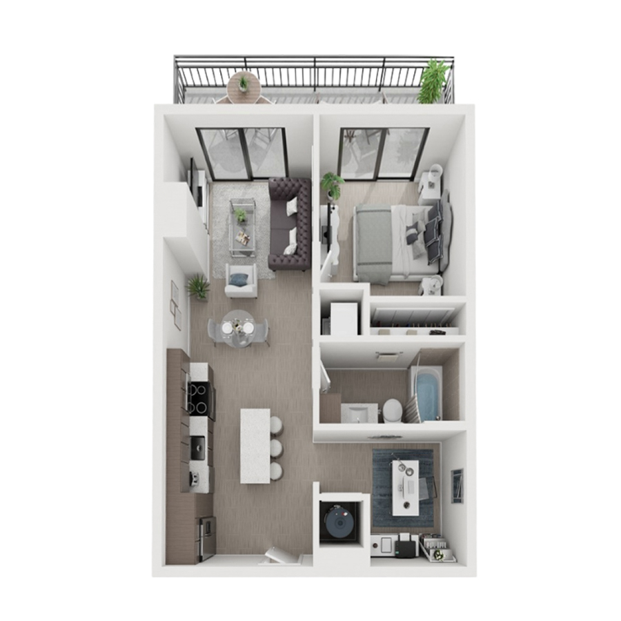 Rendering of the A12D floor plan with 1 bedroom[s] and 1 bathroom[s] at Arte Grand Central Overtown