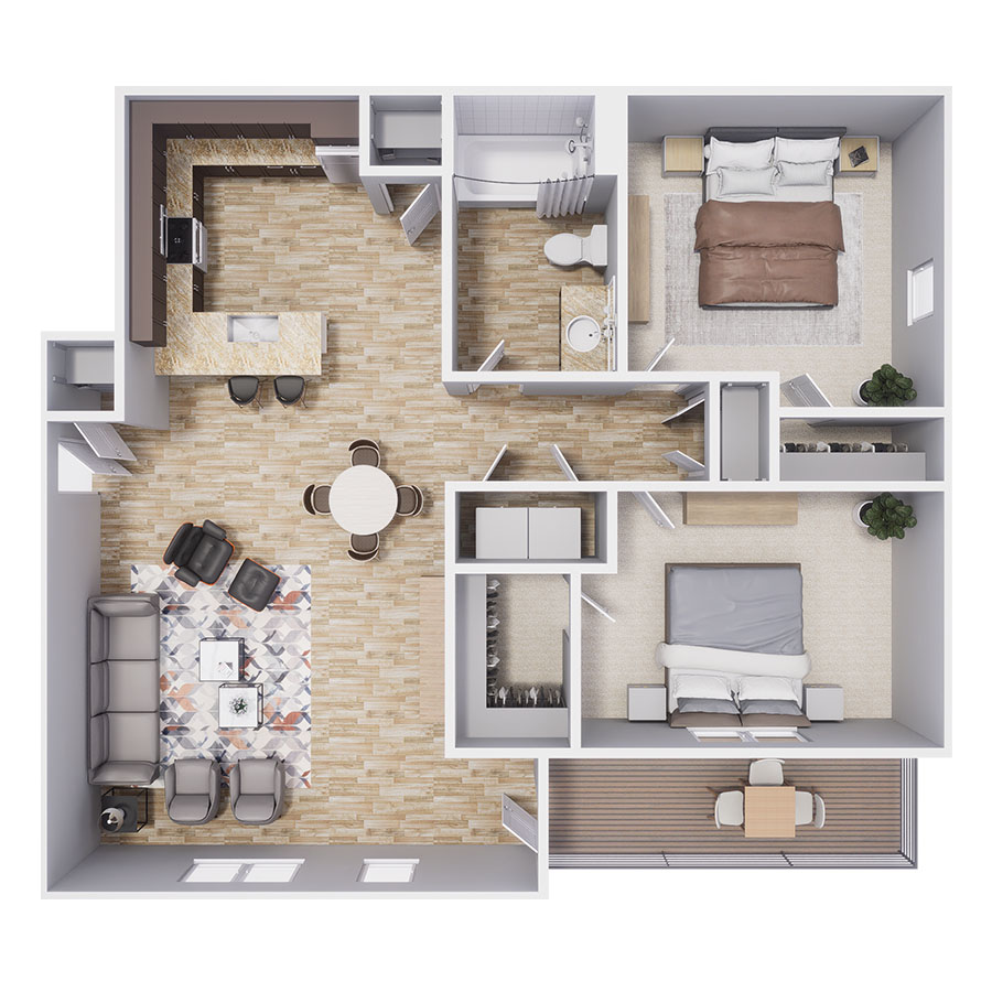 Rendering of the B2 floor plan with 2 bedroom[s] and 1 bathroom[s] at Polaris Peak