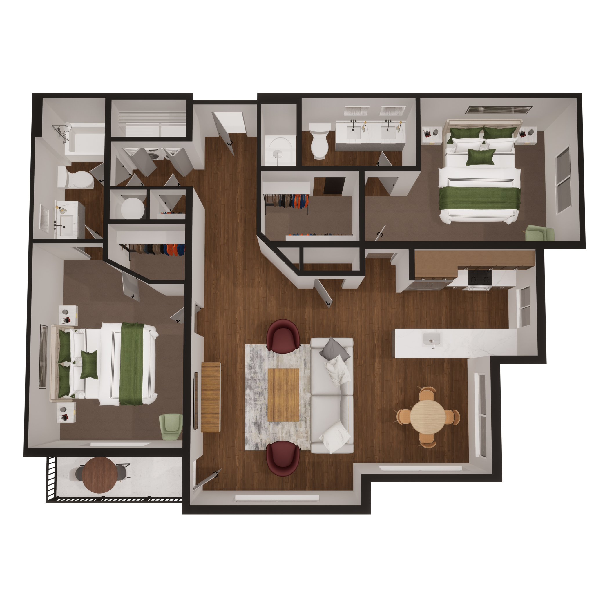 Rendering of the C2 floor plan with 2 bedroom[s] and 2 bathroom[s] at Summit Square
