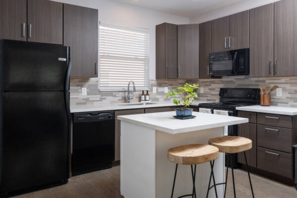 Apartment kitchen with dark wood appliances and quartz countertops