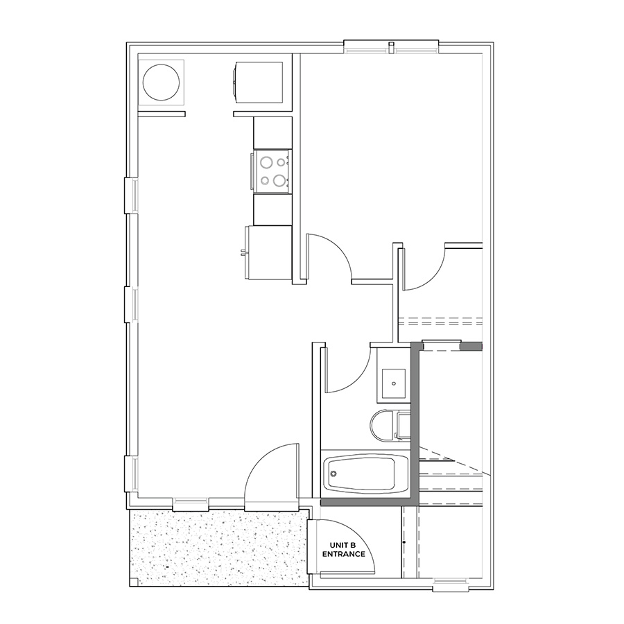 Rendering of the 1x1 - 576 sqft - A1 floor plan with 1 bedroom[s] and 1 bathroom[s] at Cottages at Rampart Park