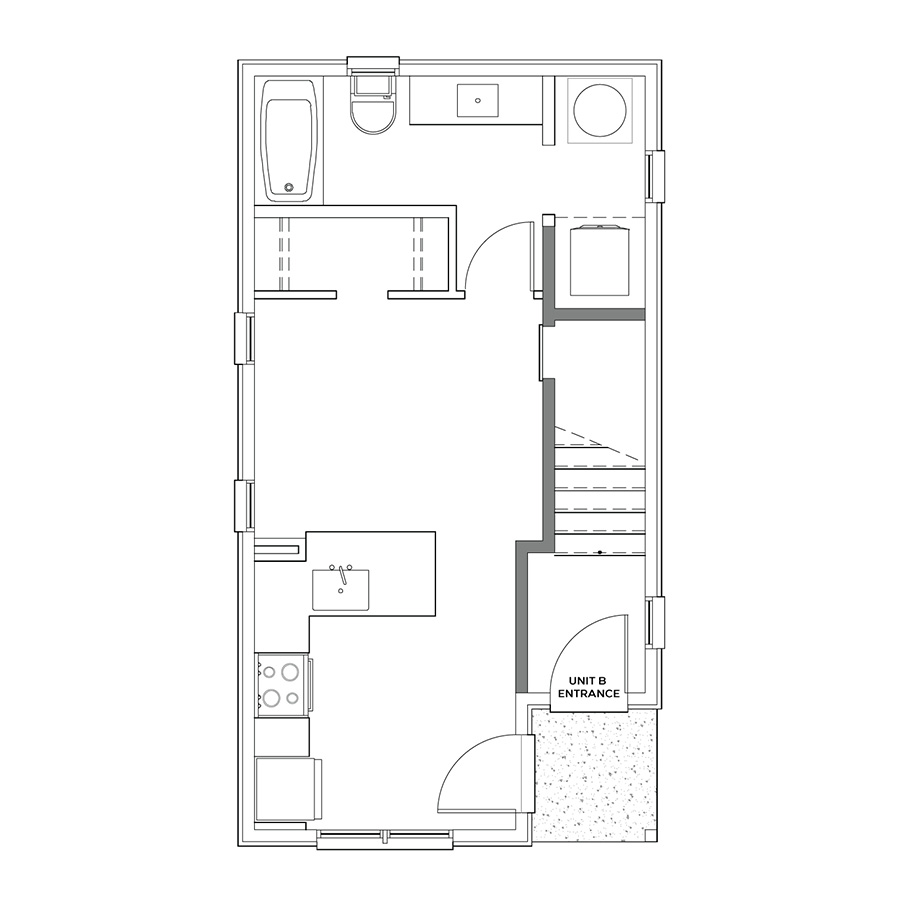 Rendering of the 0x1 - 454 sqft - S1 floor plan with a Studio bedroom and 1 bathroom[s] at Cottages at Rampart Park