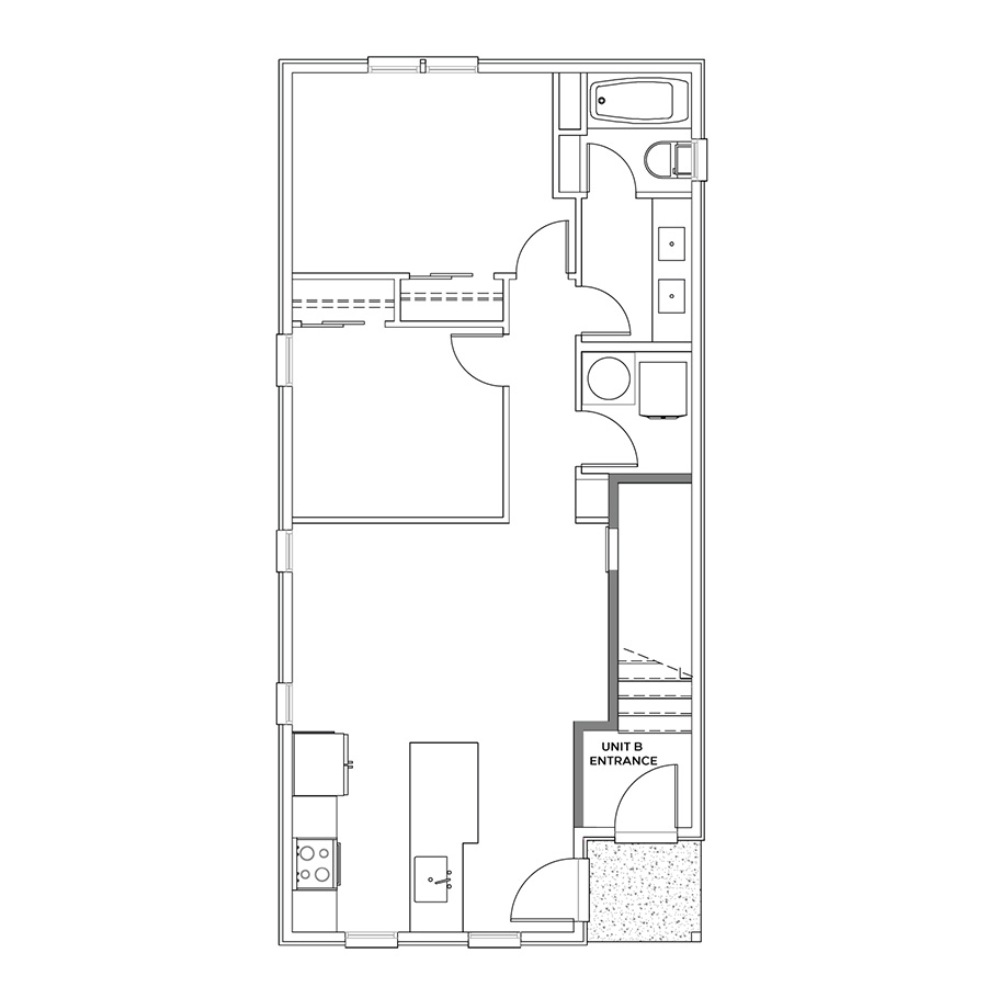 Rendering of the 2x2 - 821 sqft - B1 floor plan with 2 bedroom[s] and 2 bathroom[s] at Cottages at Rampart Park