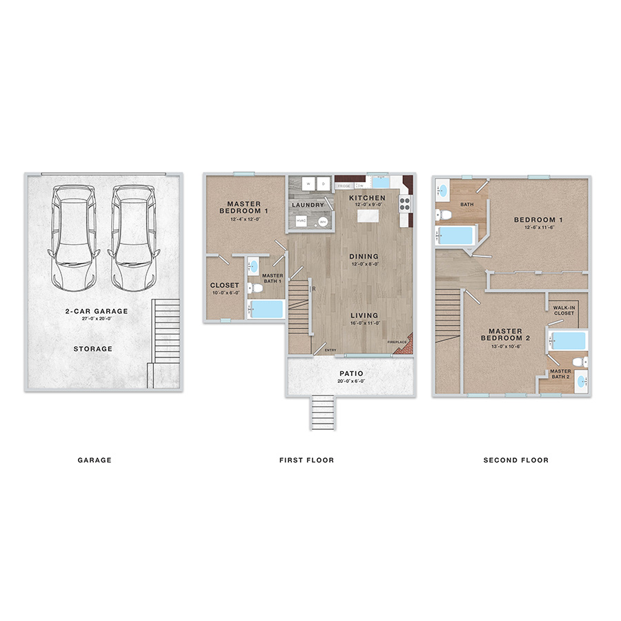 Rendering of the 3x3 - 1407 sqft - SC2 floor plan with 3 bedroom[s] and 3 bathroom[s] at Enclave Rigden Farm