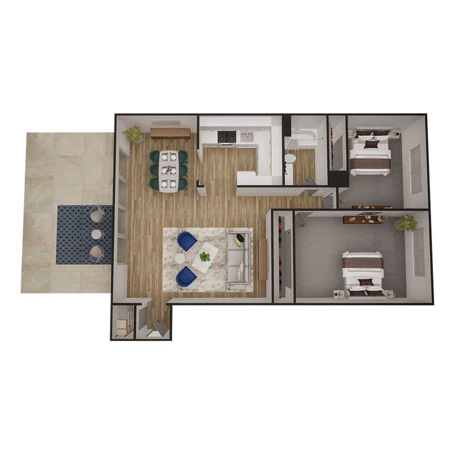 Rendering of the The Granada floor plan with 2 bedroom[s] and 1 bathroom[s] at Kenilworth