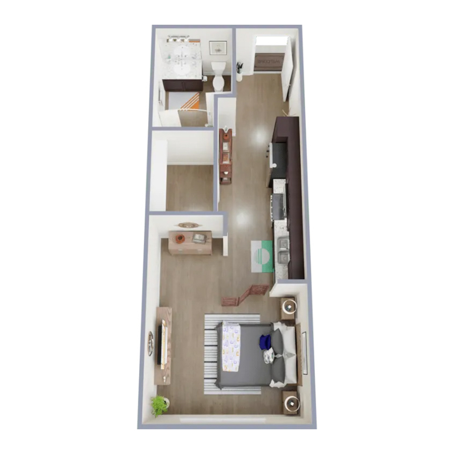Rendering of the S1 floor plan with a Studio bedroom and 1 bathroom[s] at Marq at Monument Ridge