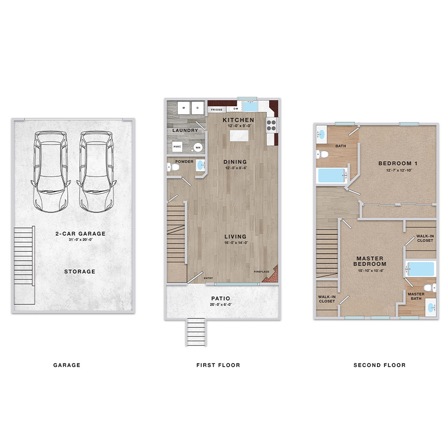 Rendering of the 2x2.5 - 1280 sqft - NB3 floor plan with 2 bedroom[s] and 2.5 bathroom[s] at Enclave Rigden Farm