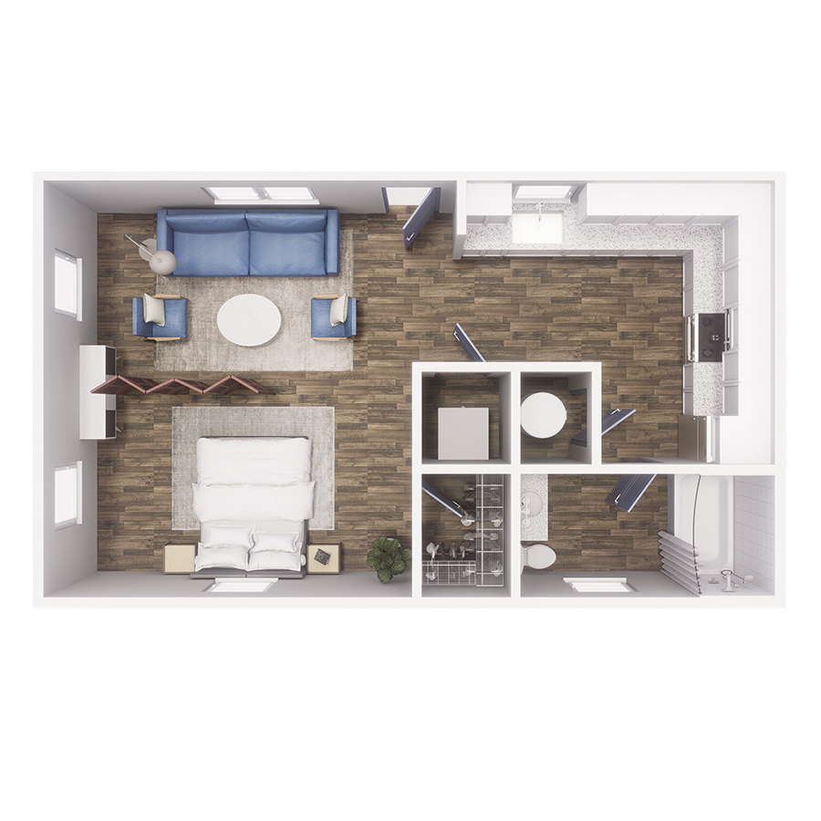 Rendering of the S1 floor plan with a Studio bedroom and 1 bathroom[s] at Cottages at Pike View