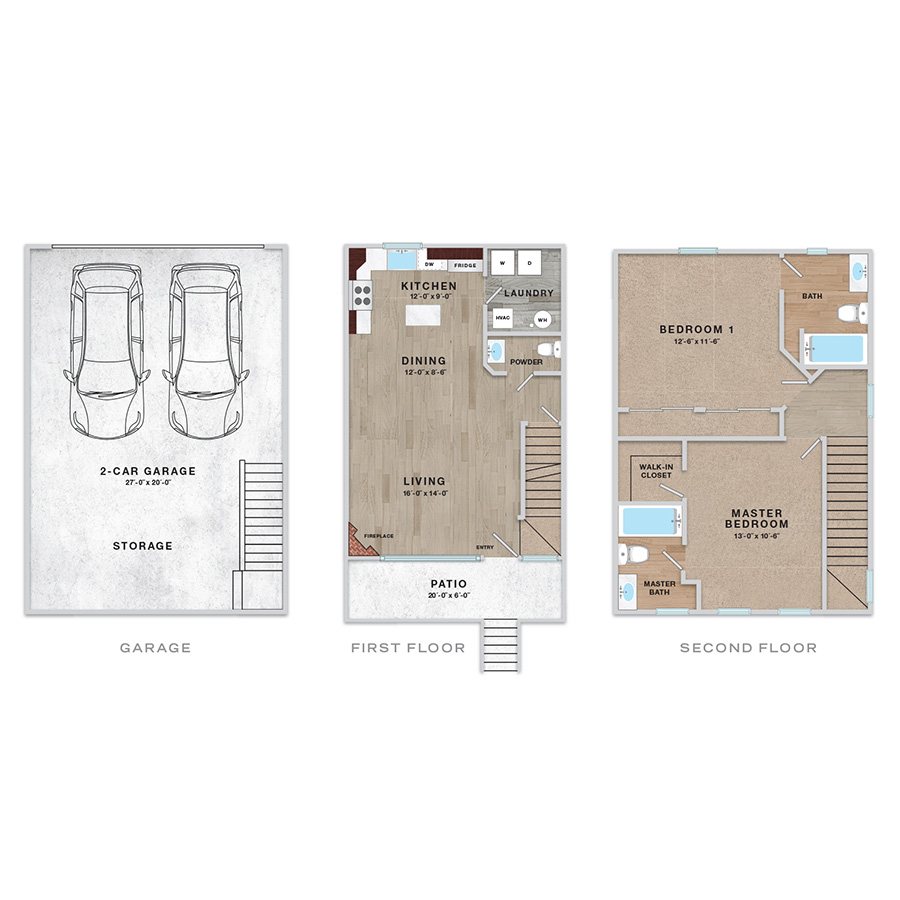 Rendering of the 2x1.5 - 1120 sqft - NB1 floor plan with 2 bedroom[s] and 1.5 bathroom[s] at Enclave Rigden Farm