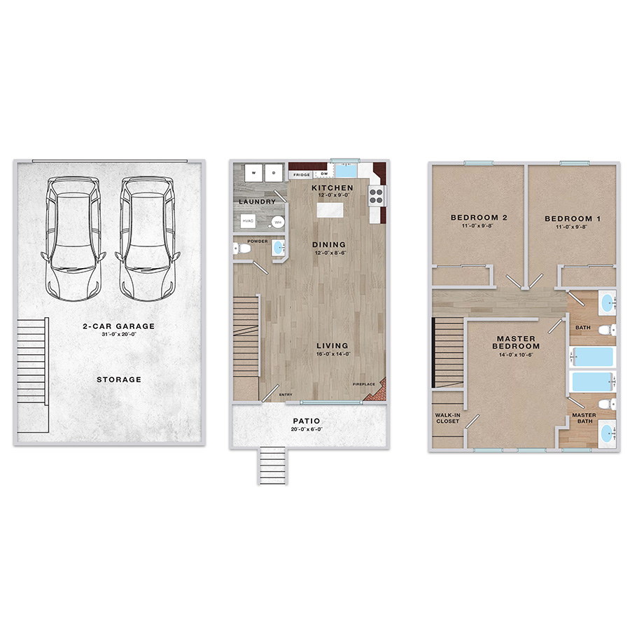 Rendering of the 3x2.5 - 1280 sqft - NC1 floor plan with 3 bedroom[s] and 2.5 bathroom[s] at Enclave Rigden Farm