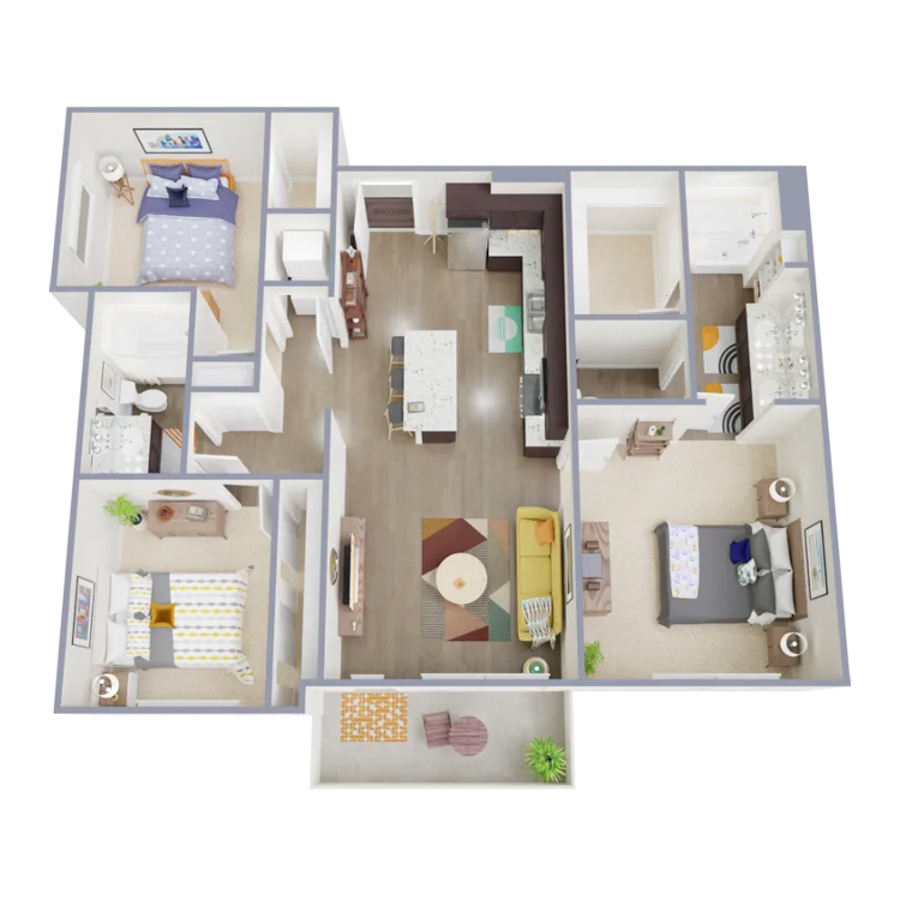 Rendering of the C1 floor plan with 3 bedroom[s] and 2 bathroom[s] at Marq at Monument Ridge
