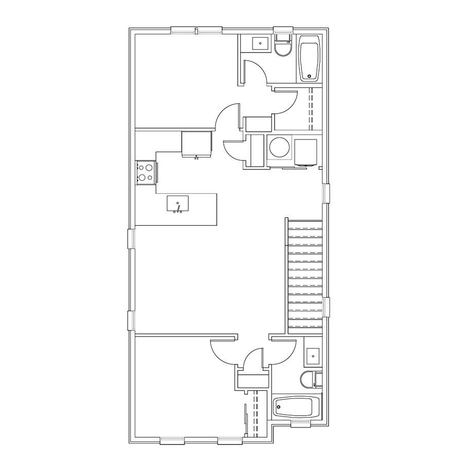 Rendering of the 2x2 - 822 sqft - B2 floor plan with 2 bedroom[s] and 2 bathroom[s] at Cottages at Rampart Park