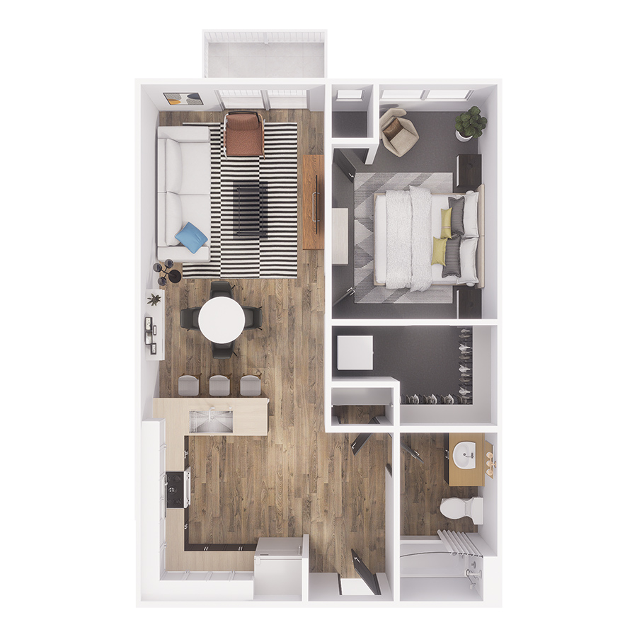 Rendering of the A1 floor plan with 1 bedroom[s] and 1 bathroom[s] at The Overland