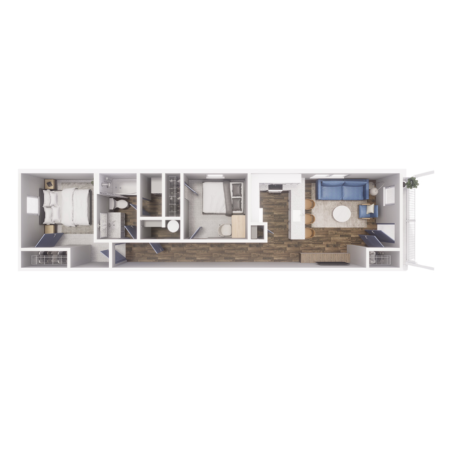 Rendering of the B1 floor plan with 2 bedroom[s] and 1 bathroom[s] at Cottages at Torin Point