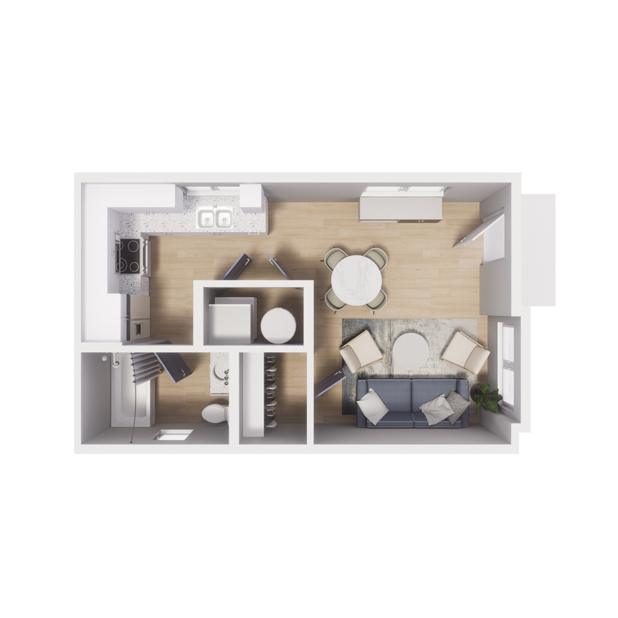 Rendering of the S1 floor plan with a Studio bedroom and 1 bathroom[s] at Cottages on the Boulevard