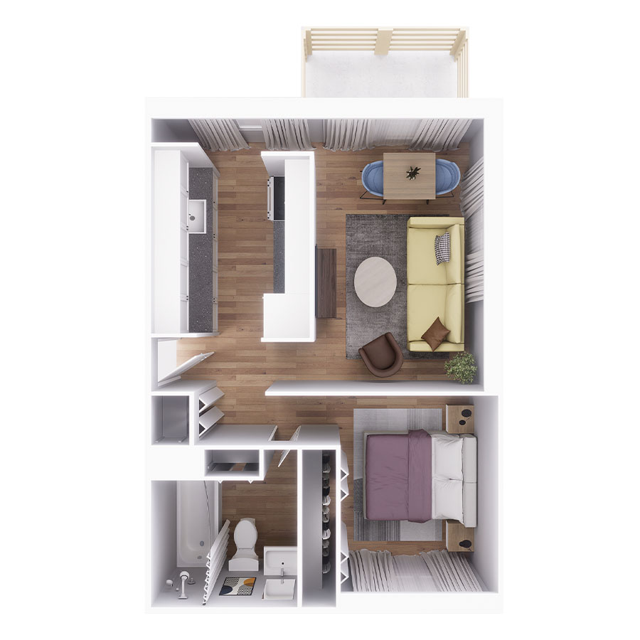 Rendering of the 1 Bedroom floor plan with 1 bedroom[s] and 1 bathroom[s] at Heights on Huron