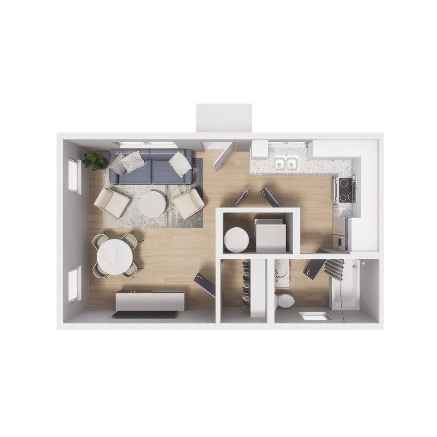 Rendering of the S2 floor plan with a Studio bedroom and 1 bathroom[s] at Cottages on the Boulevard