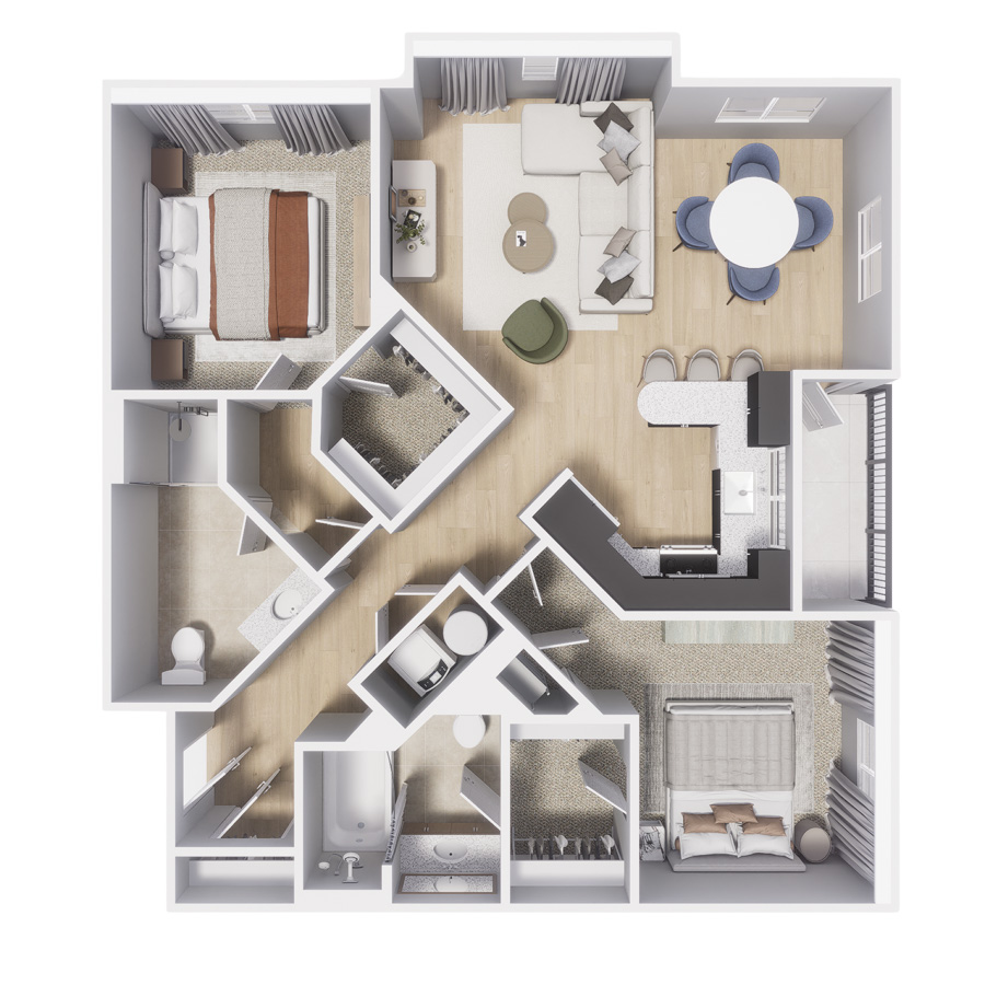 Rendering of the Pearl Street floor plan with 2 bedroom[s] and 2 bathroom[s] at Centre Court