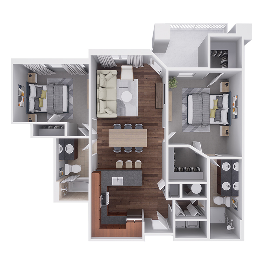 Rendering of the C1 floor plan with 2 bedroom[s] and 2 bathroom[s] at Highlands Lodge