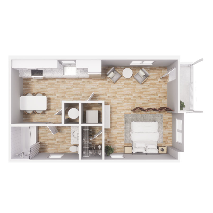 Rendering of the S1 floor plan with a Studio bedroom and 1 bathroom[s] at Cottages at Jetwing