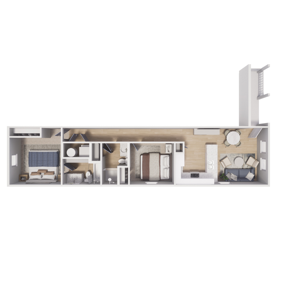 Rendering of the B2 floor plan with 2 bedroom[s] and 2 bathroom[s] at Cottages on the Boulevard