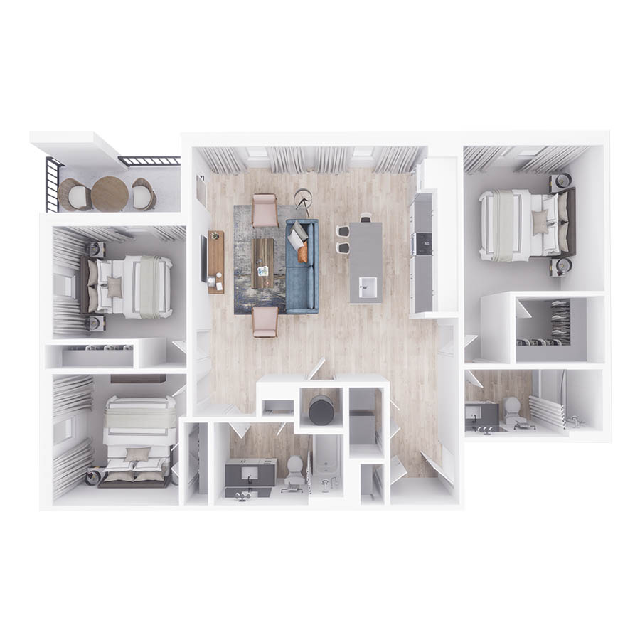 Rendering of the C1 floor plan with 3 bedroom[s] and 2 bathroom[s] at Arte St. Petersburg