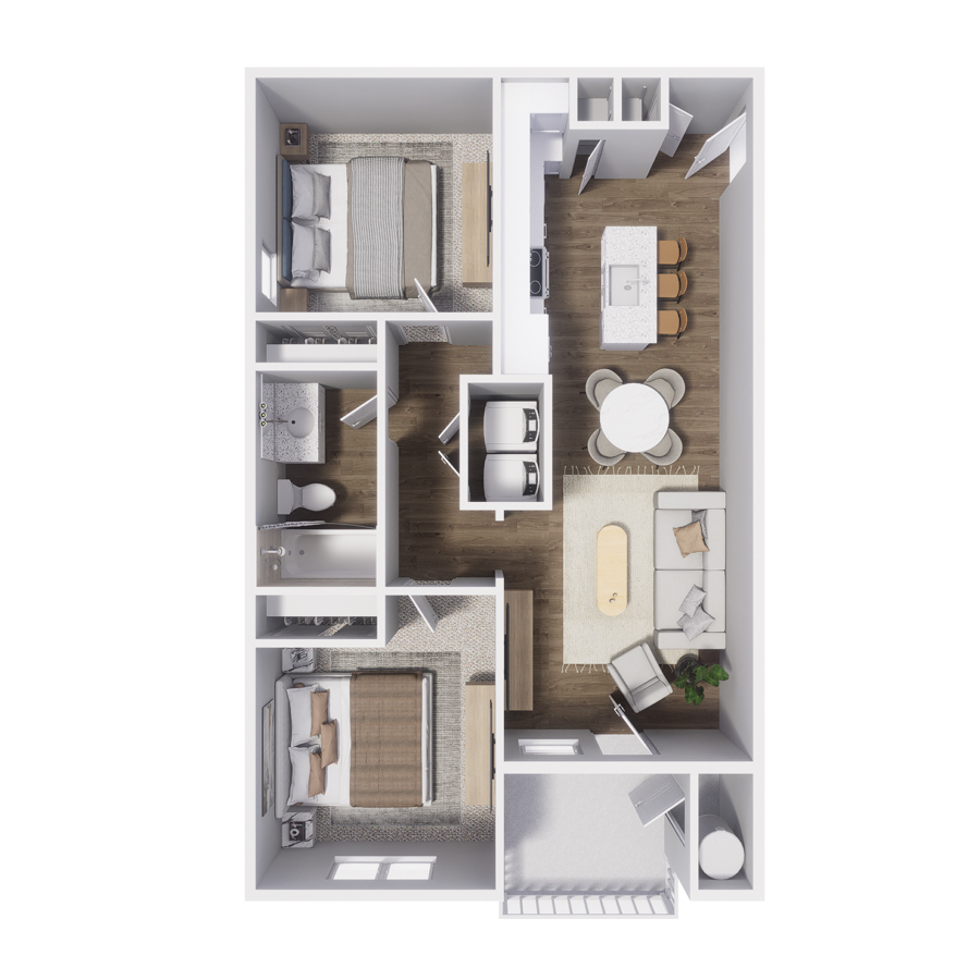 Rendering of the B1 floor plan with 2 bedroom[s] and 1 bathroom[s] at The Retreat at Patriot Park