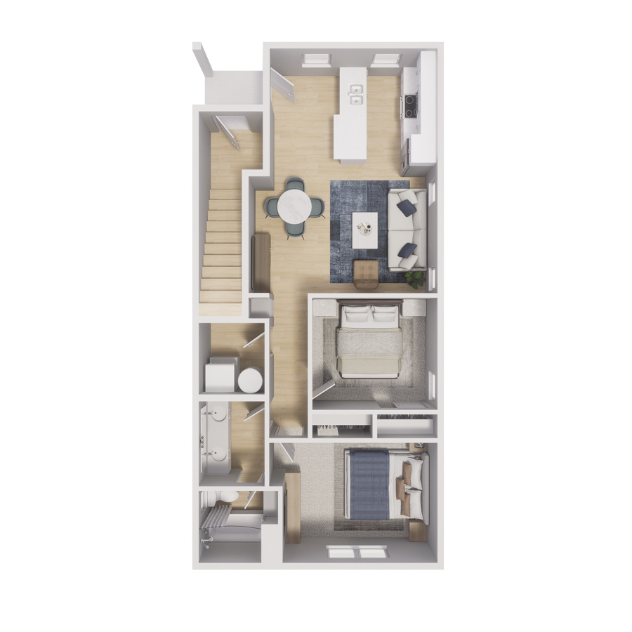 Rendering of the B1 floor plan with 2 bedroom[s] and 1 bathroom[s] at Cottages at Aero Park