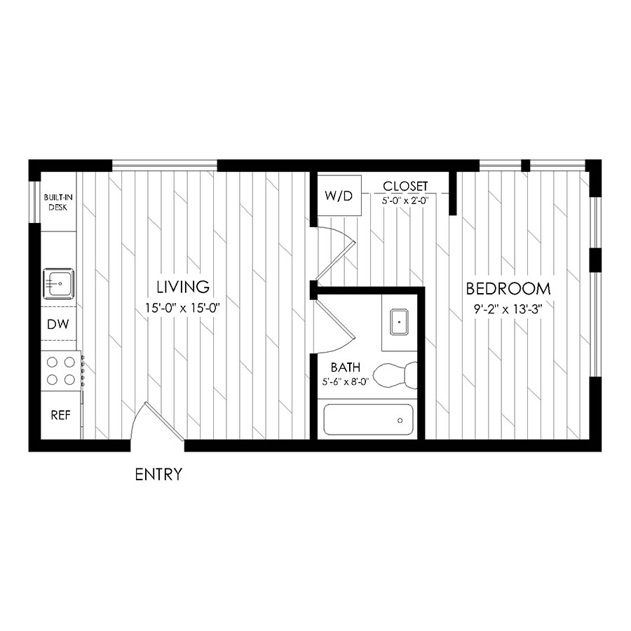 Rendering of the 1 Bedroom, 1 Bathroom A1 Furnished floor plan with 1 bedroom[s] and 1 bathroom[s] at The Economist