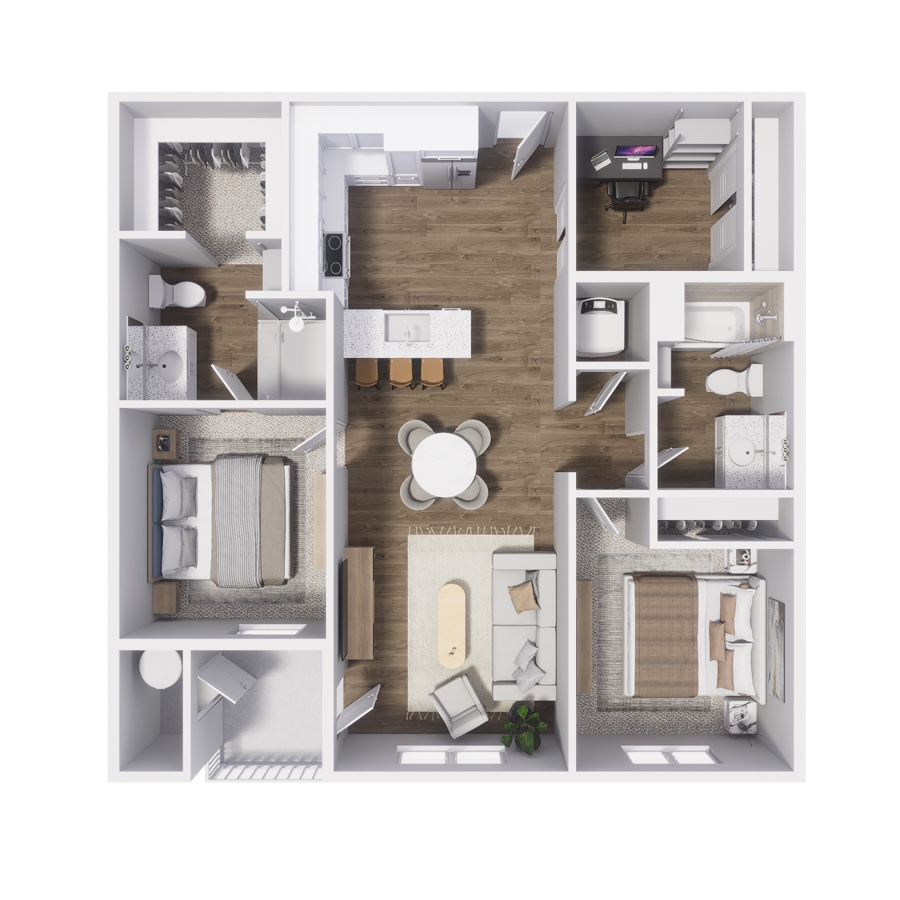 Rendering of the B3 floor plan with 2 bedroom[s] and 2 bathroom[s] at The Retreat at Patriot Park