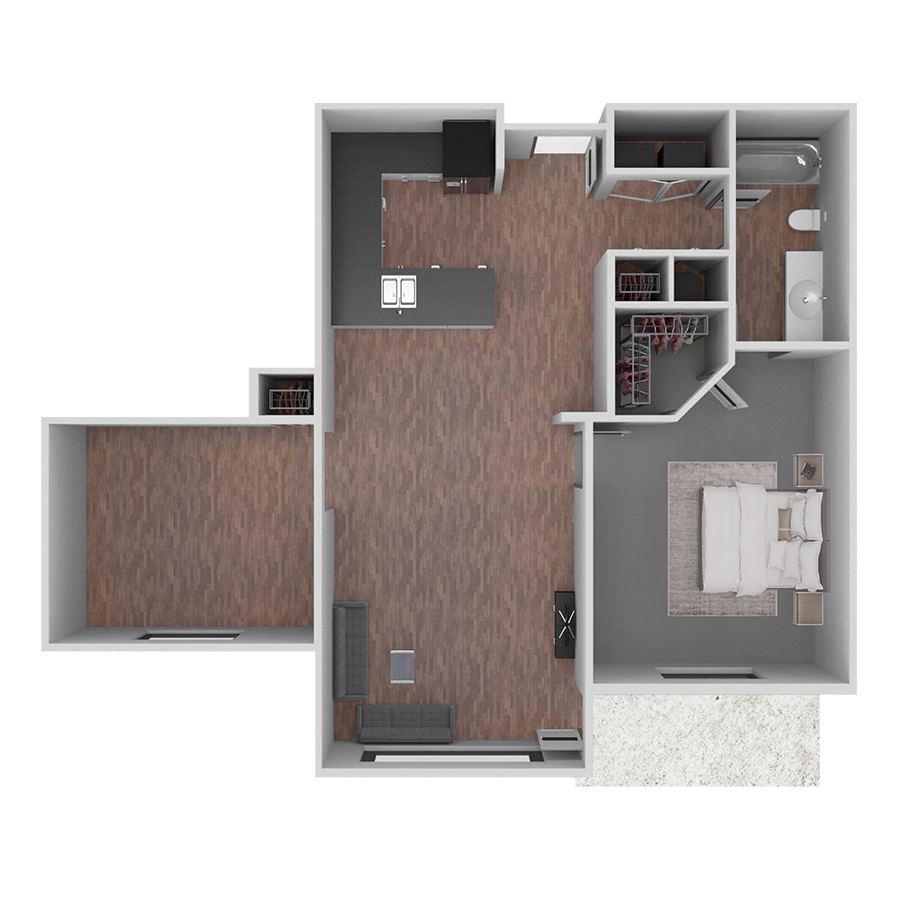 Rendering of the B2 with Den floor plan with 1 bedroom[s] and 1 bathroom[s] at Prairie View at Village West