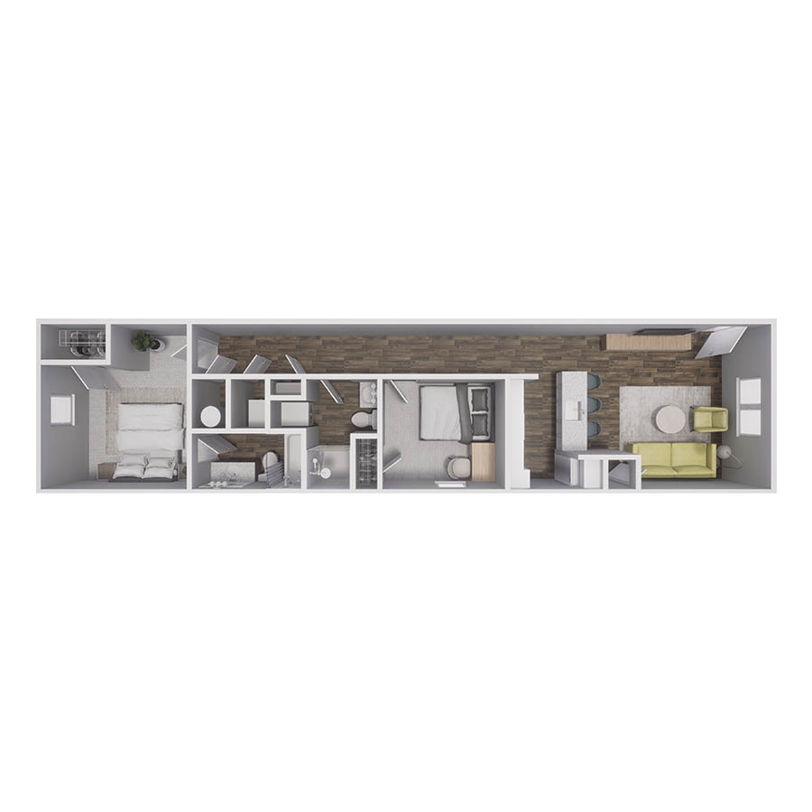 Rendering of the B3 floor plan with 2 bedroom[s] and 2 bathroom[s] at Cottages at South Murray