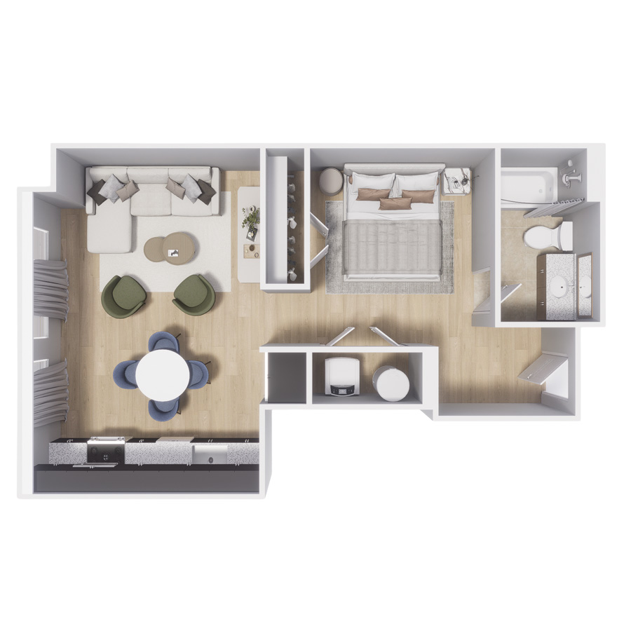 Rendering of the Alpine floor plan with a Studio bedroom and 1 bathroom[s] at Centre Court