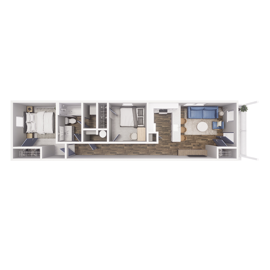 Rendering of the B1 floor plan with 2 bedroom[s] and 1 bathroom[s] at Cottages at Pike View