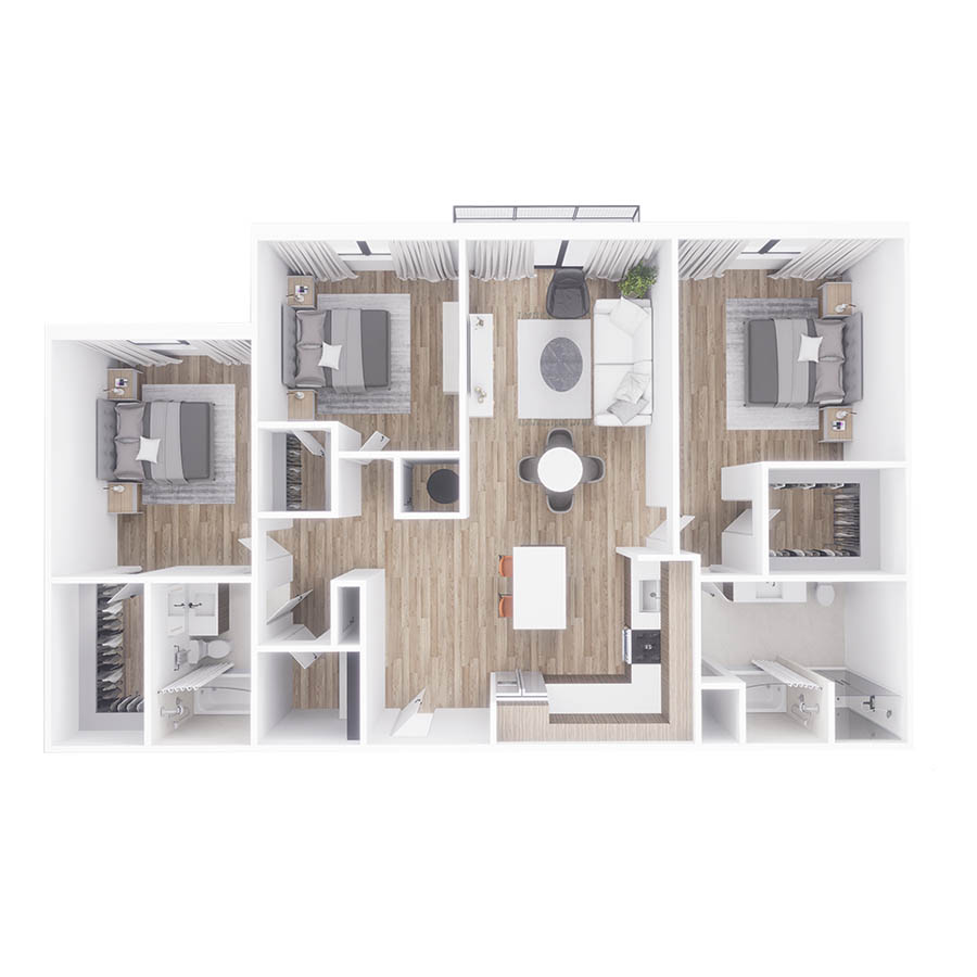 Rendering of the C2 floor plan with 3 bedroom[s] and 2 bathroom[s] at Sanctuary Doral