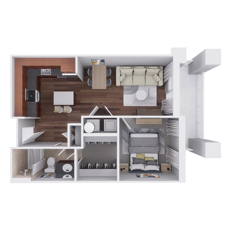 Rendering of the A1 floor plan with 1 bedroom[s] and 1 bathroom[s] at Highlands Lodge