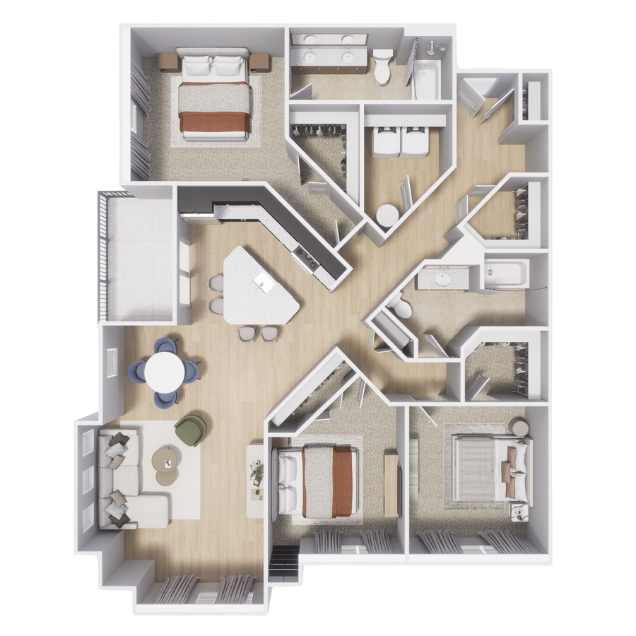 Rendering of the Summit floor plan with 3 bedroom[s] and 2 bathroom[s] at Centre Court