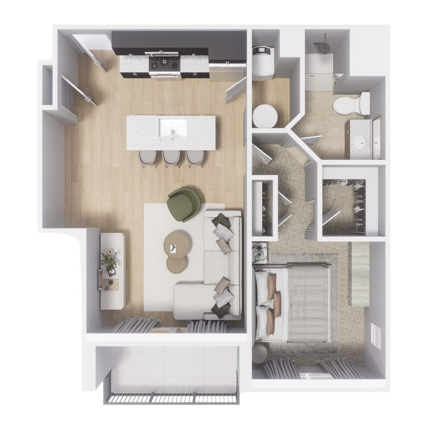 Rendering of the Flagstaff floor plan with 1 bedroom[s] and 1 bathroom[s] at Centre Court