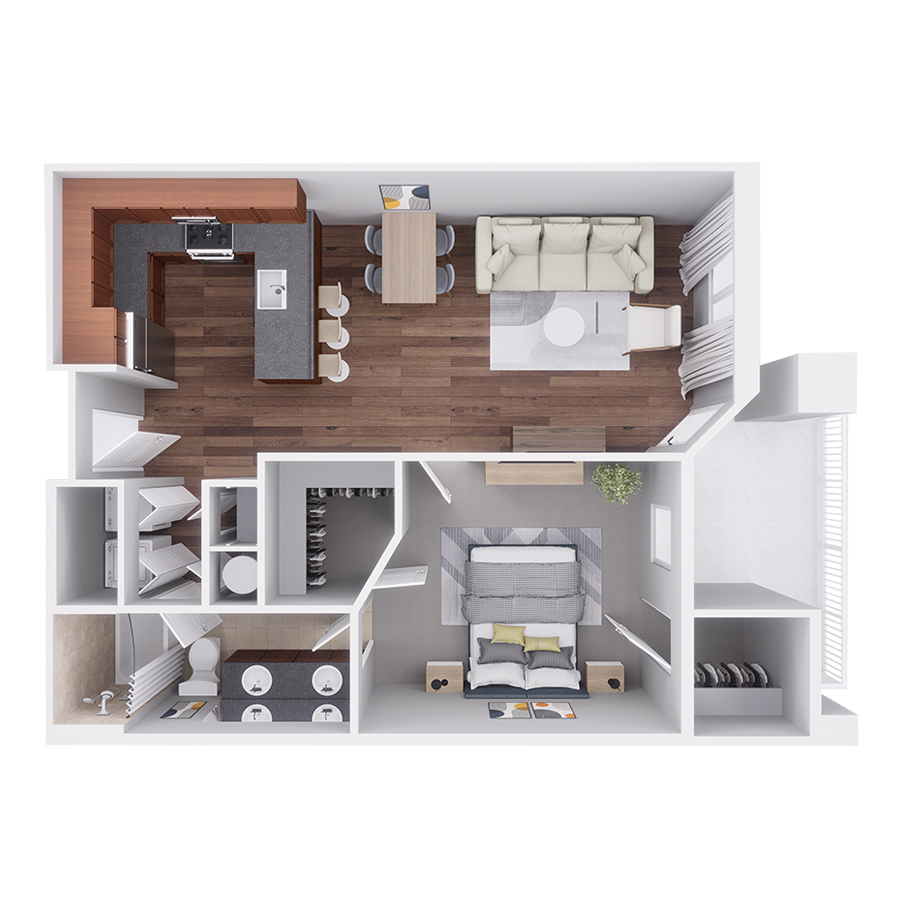 Rendering of the A3 floor plan with 1 bedroom[s] and 1 bathroom[s] at Highlands Lodge